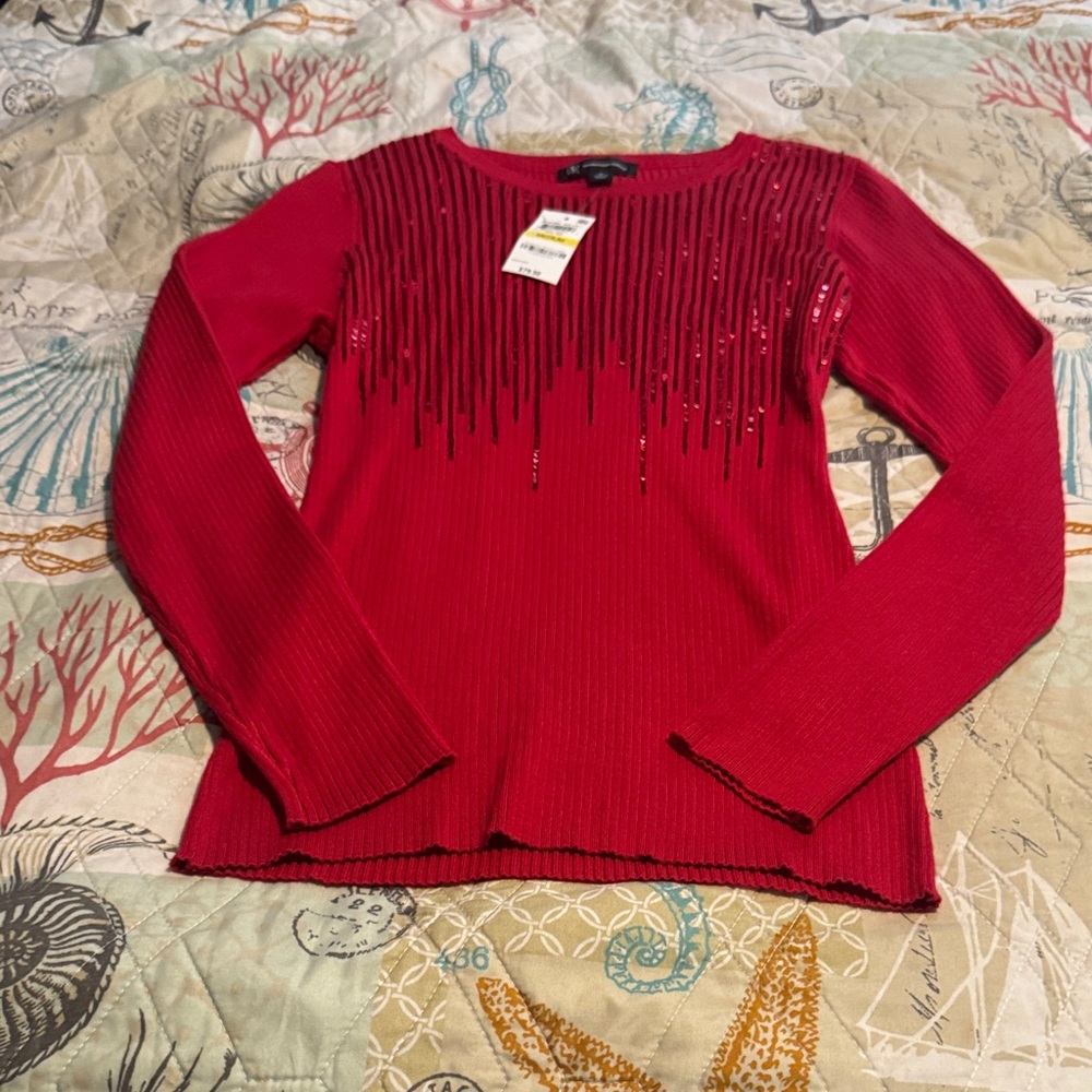INC International Concepts Red Ribbed Sweater with Sequin Fringe